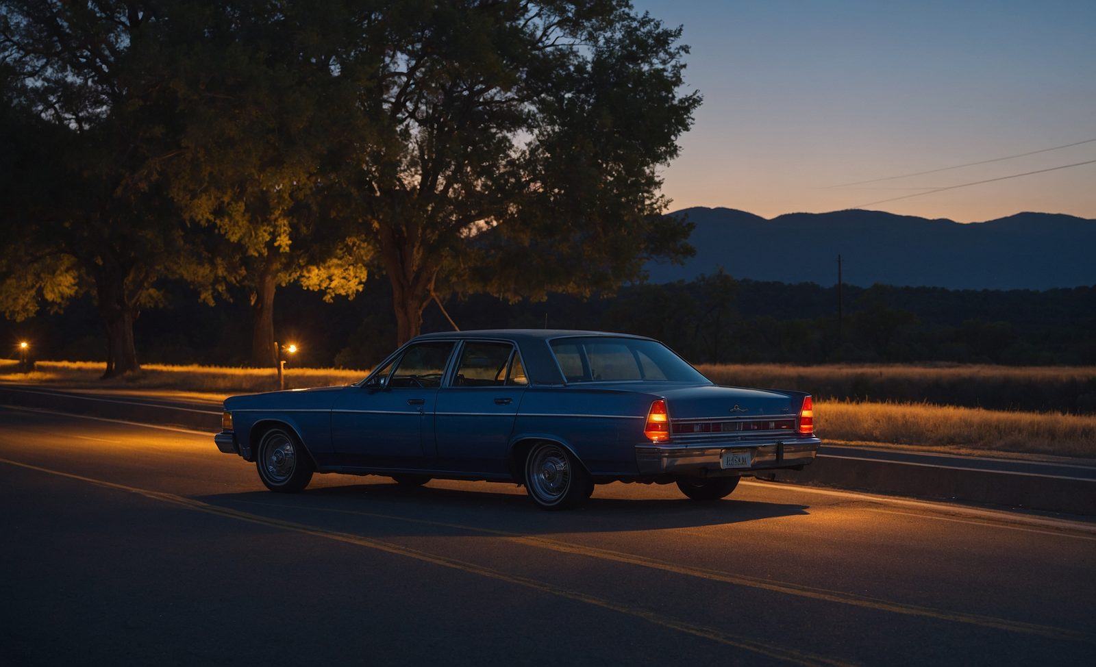 A blue sedan stopped on a dusk road, with trees on the left and open sky beyond