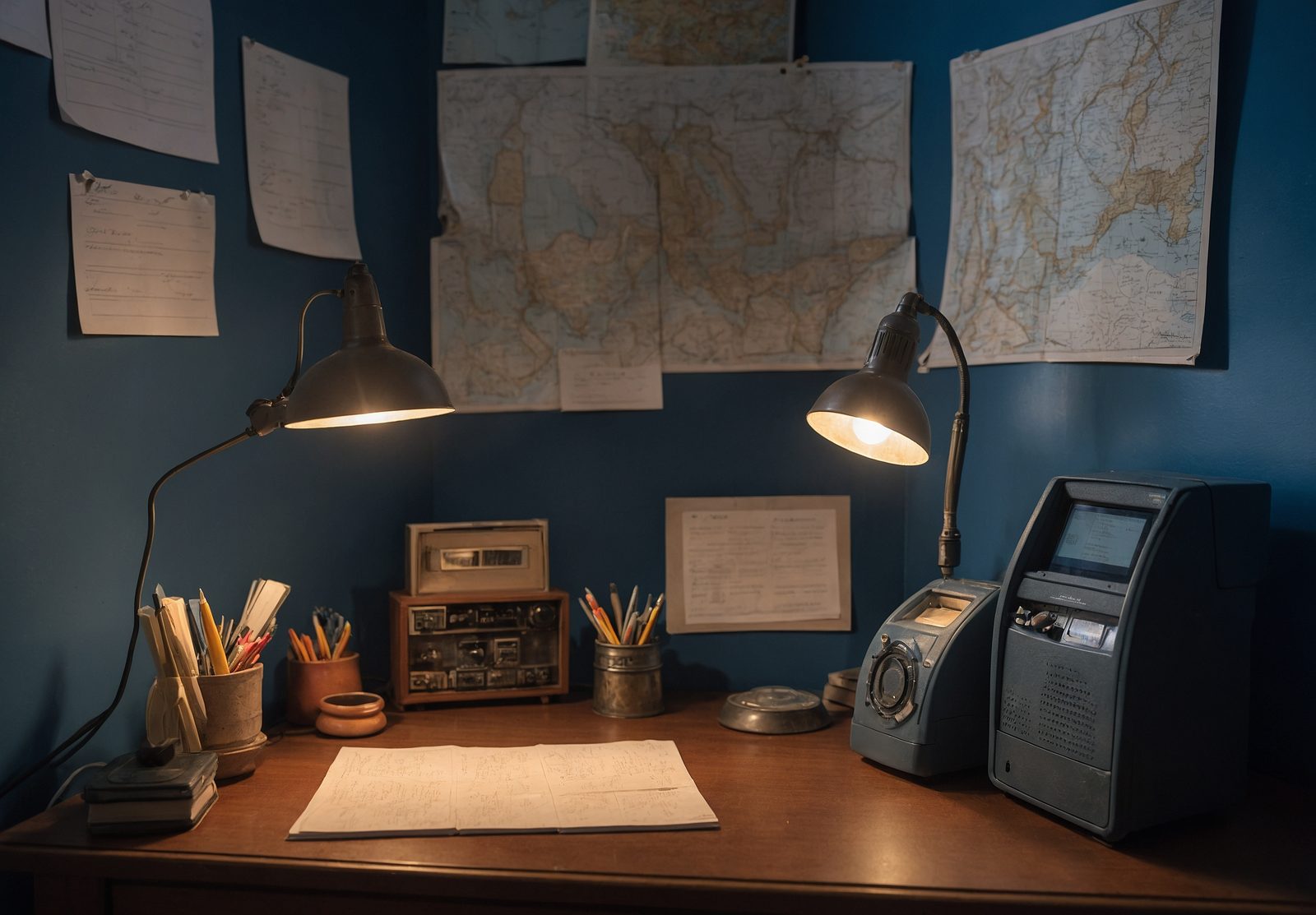 A desk lamp, an old two-way radio, handwritten notes and pinned printed maps, with no one in focus