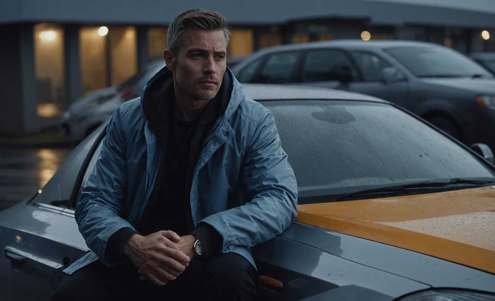 A driver standing beside a parked car in a rainy car park at dusk