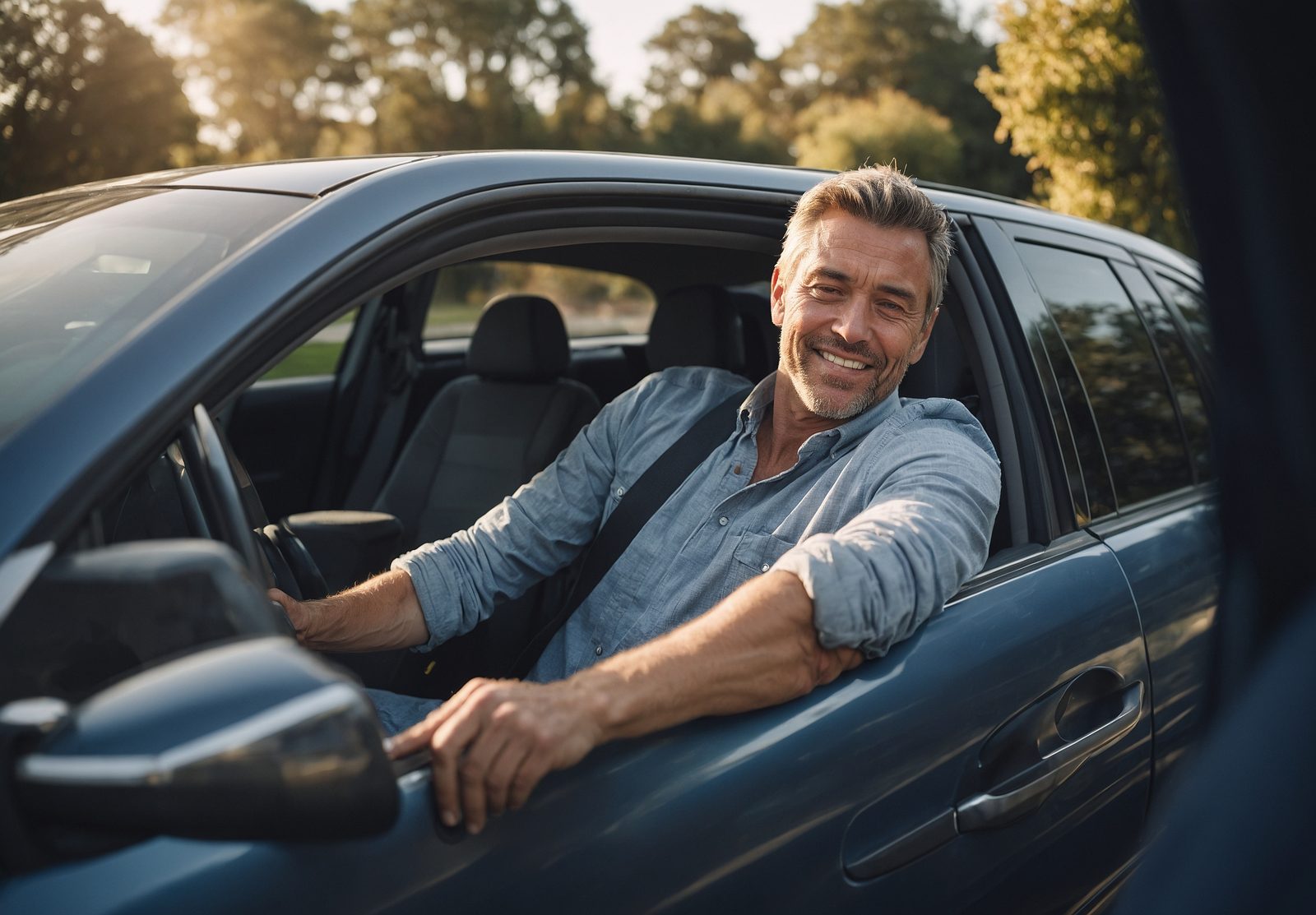 Generated image of a man in a casual shirt sitting sideways in an open car door on a sunny driveway, a phone in one hand