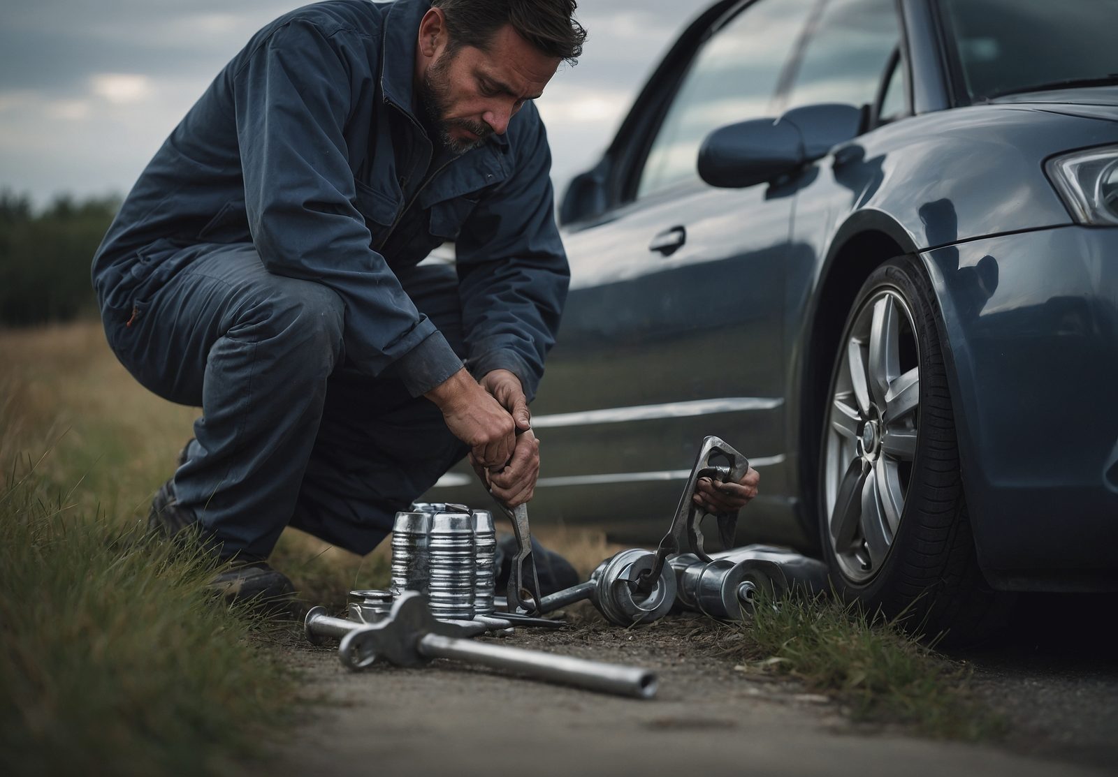 An AI-generated picture of a mechanic kneeling at a car wheel with a lug wrench