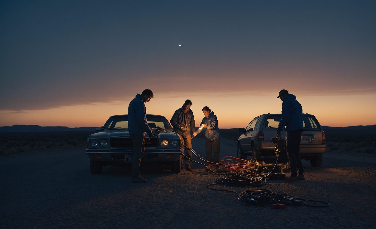 Generated image of two people in work jackets attaching jumper cables to a car battery at dusk