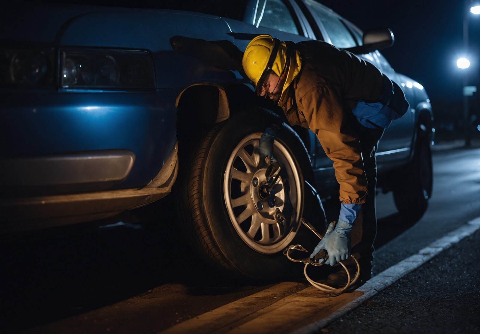 Gloved hands tightening a ratchet strap around a car wheel on a flatbed at night