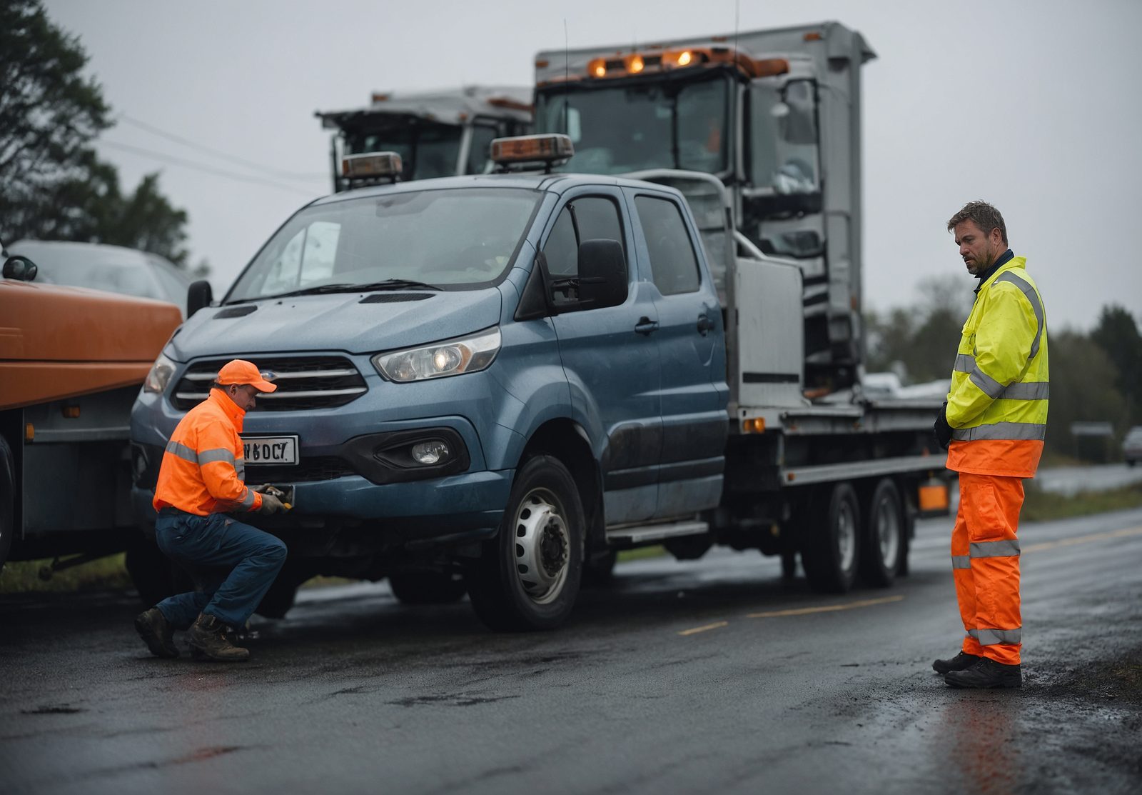 A hi-vis worker beside a van's front bumper on a wet roadside, with tow trucks behind