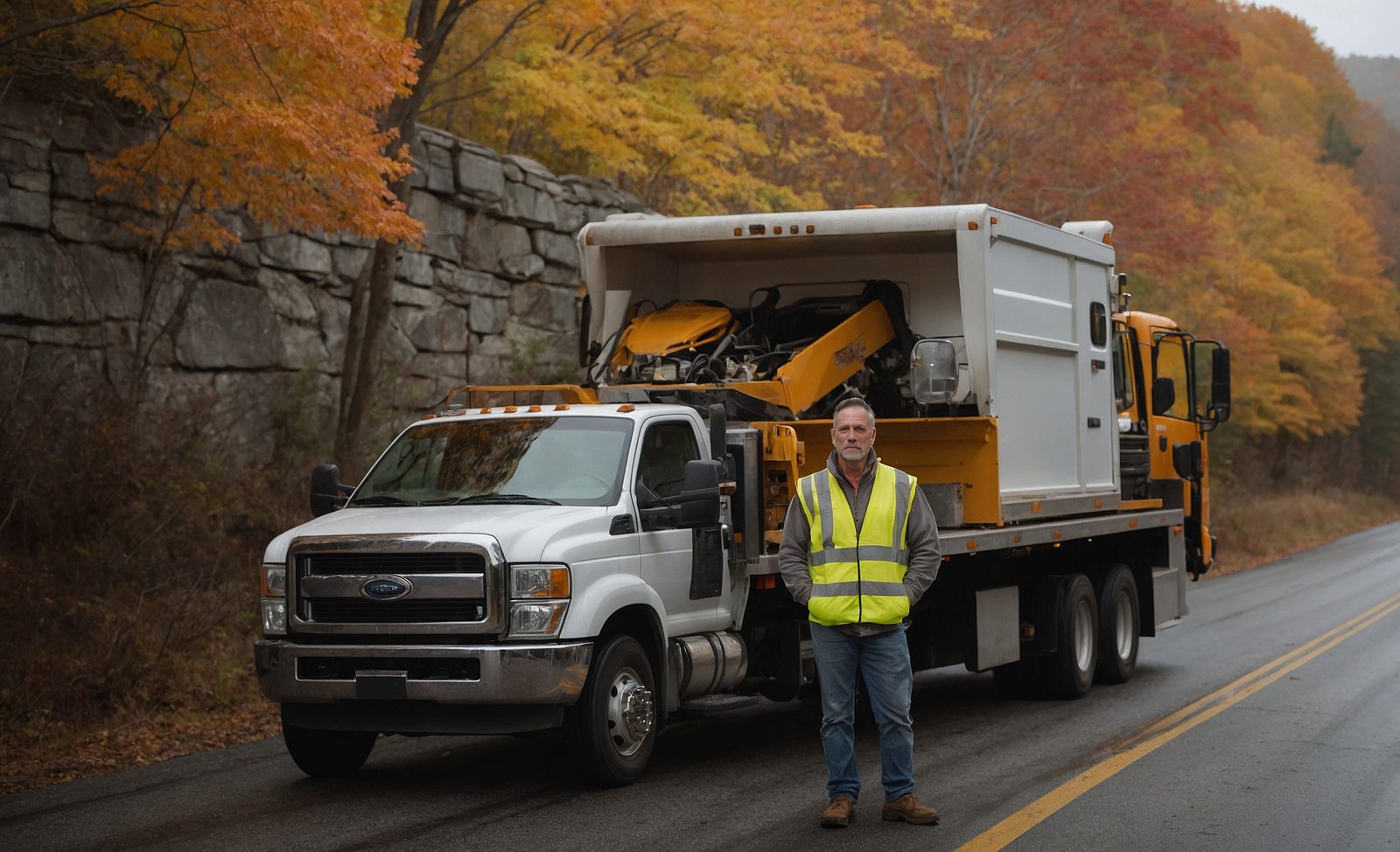 A man in a hi-vis vest standing beside a flatbed tow truck on a country road