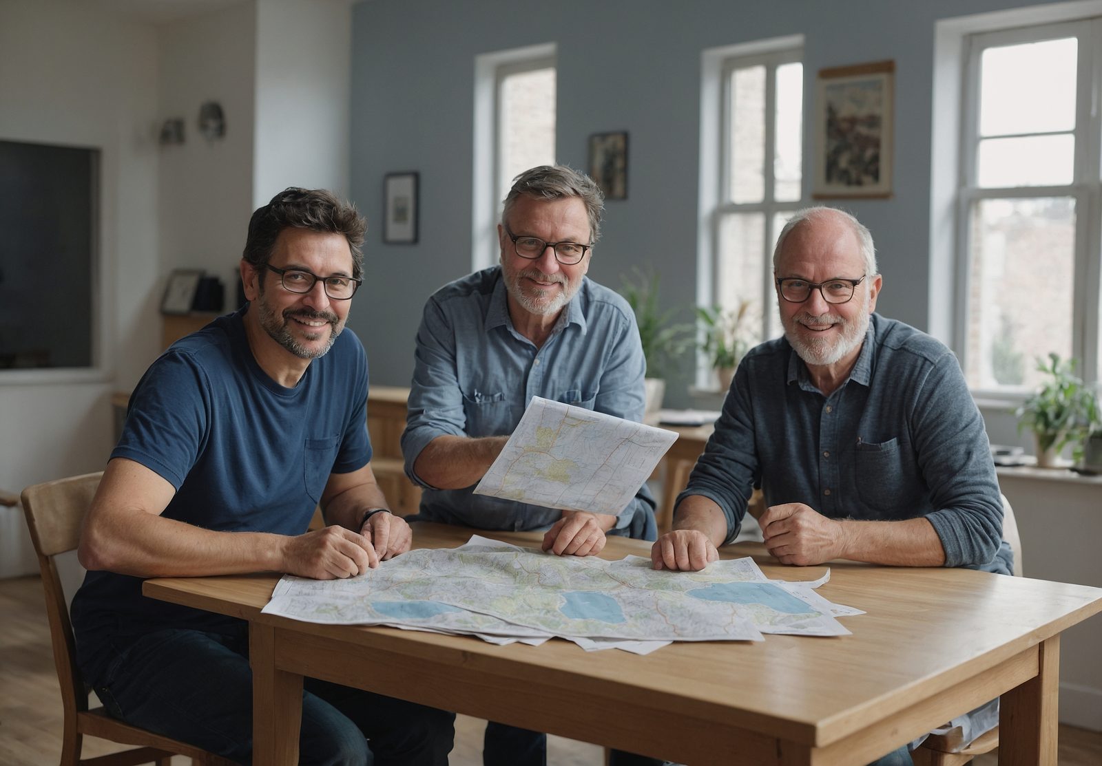 Three people gathered around a table with printed road maps in a bright room
